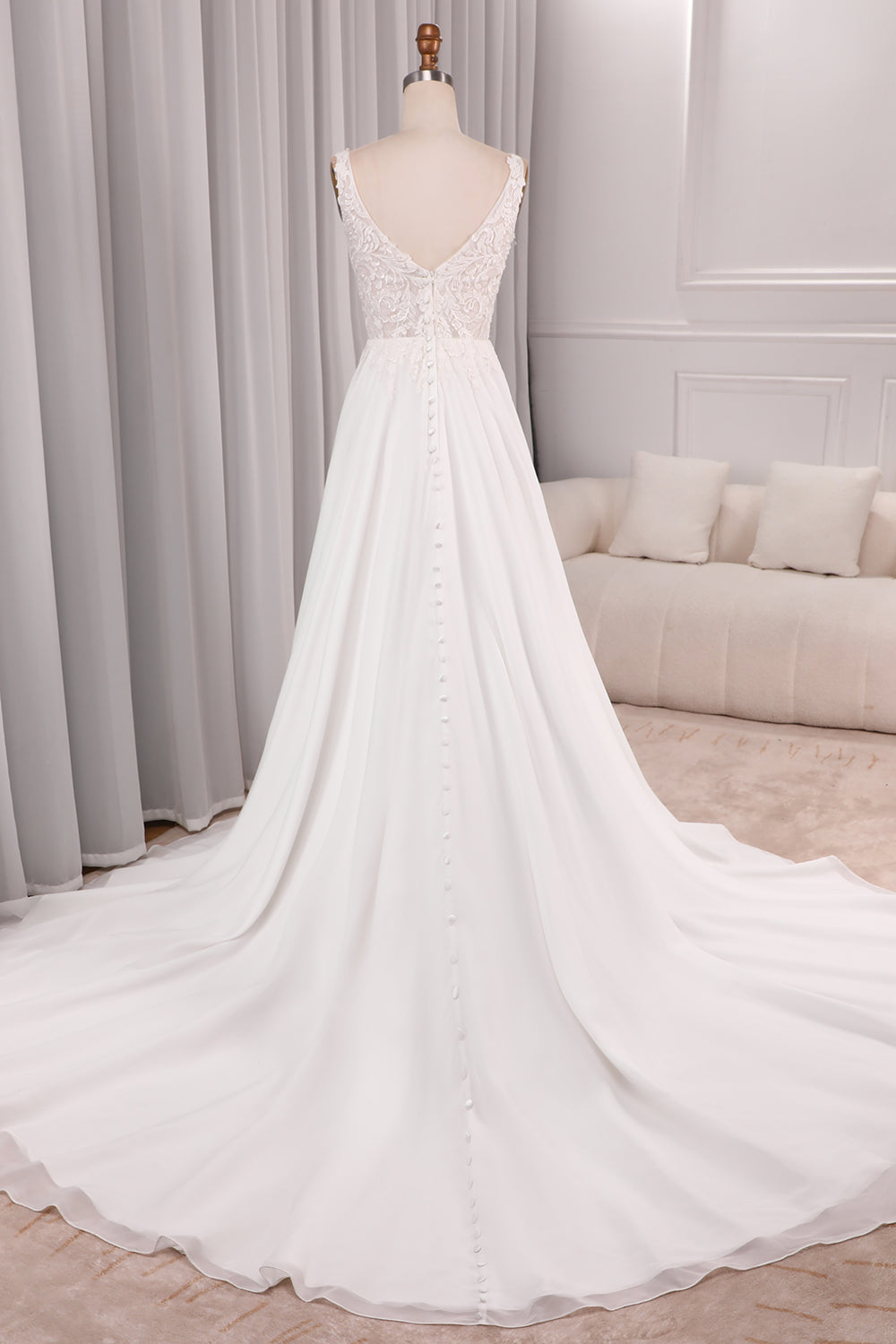 Ivory A Line Square Neck Corset Court Train Bridal Dress With Slit