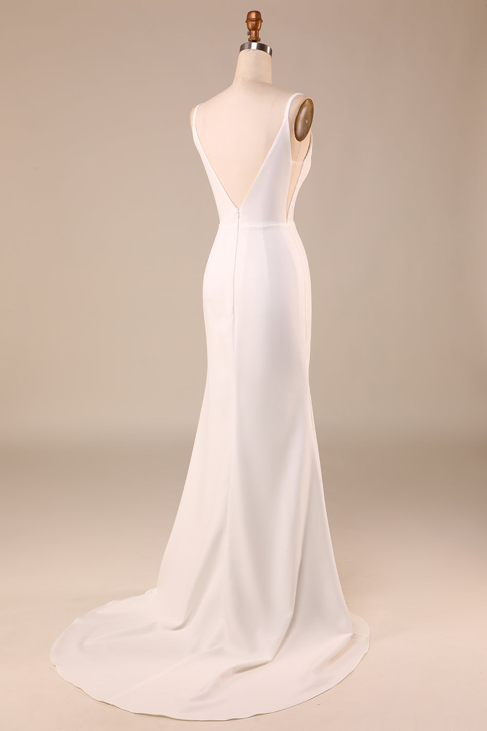 Ivory Spaghetti Straps V-Neck Sweep Train Wedding Dress With Slit