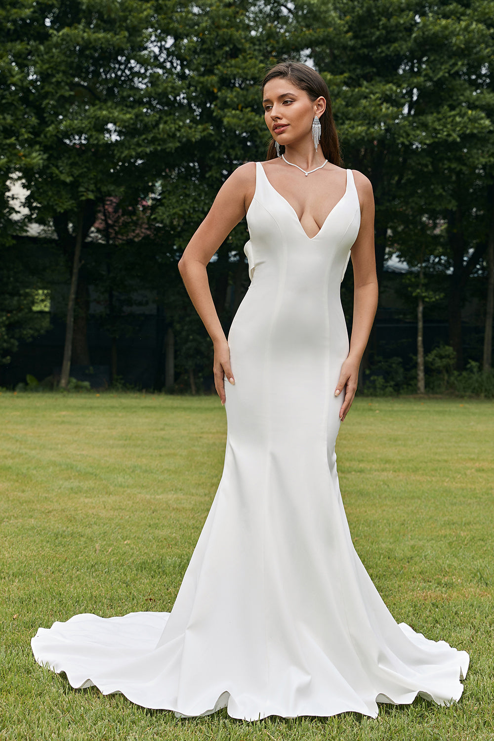 Mermaid V-Neck Sweep Train Satin Wedding Dress With Sleeveless