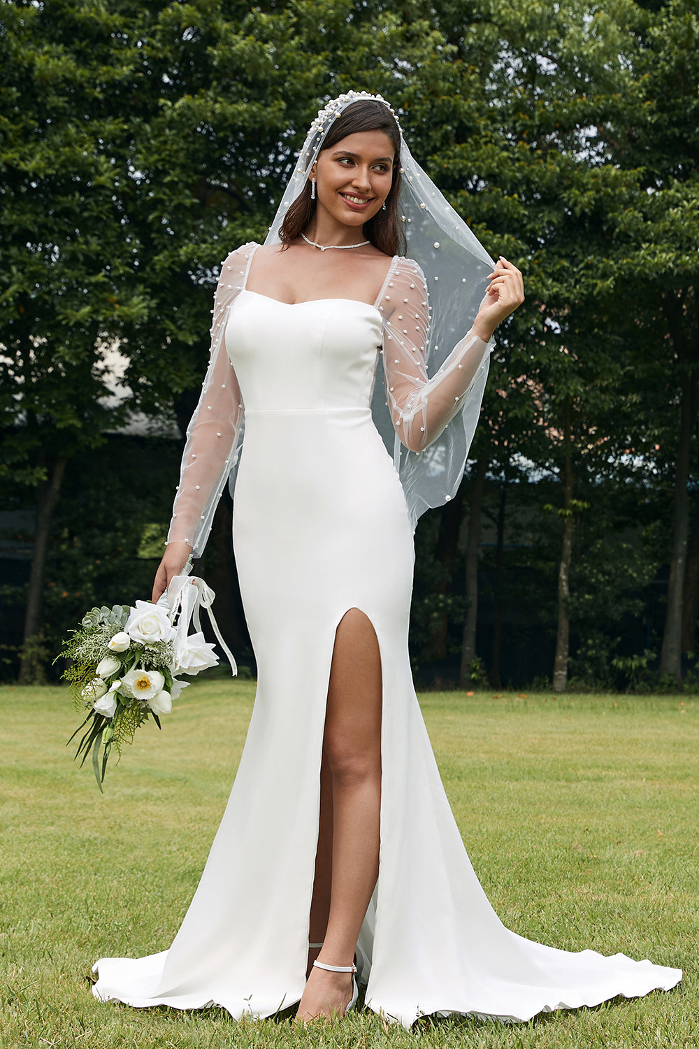 Ivory Mermaid Square Neck Stretch Satin Long Sleeves Wedding Dress With Slit