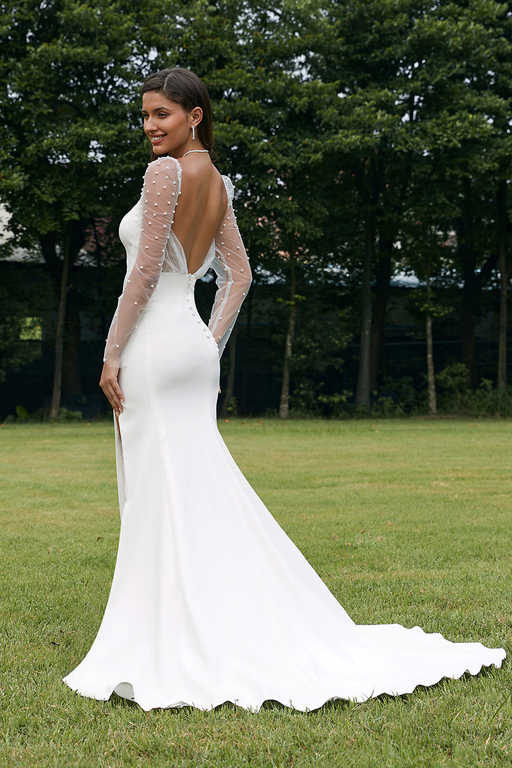 Ivory Mermaid Square Neck Stretch Satin Long Sleeves Wedding Dress With Slit