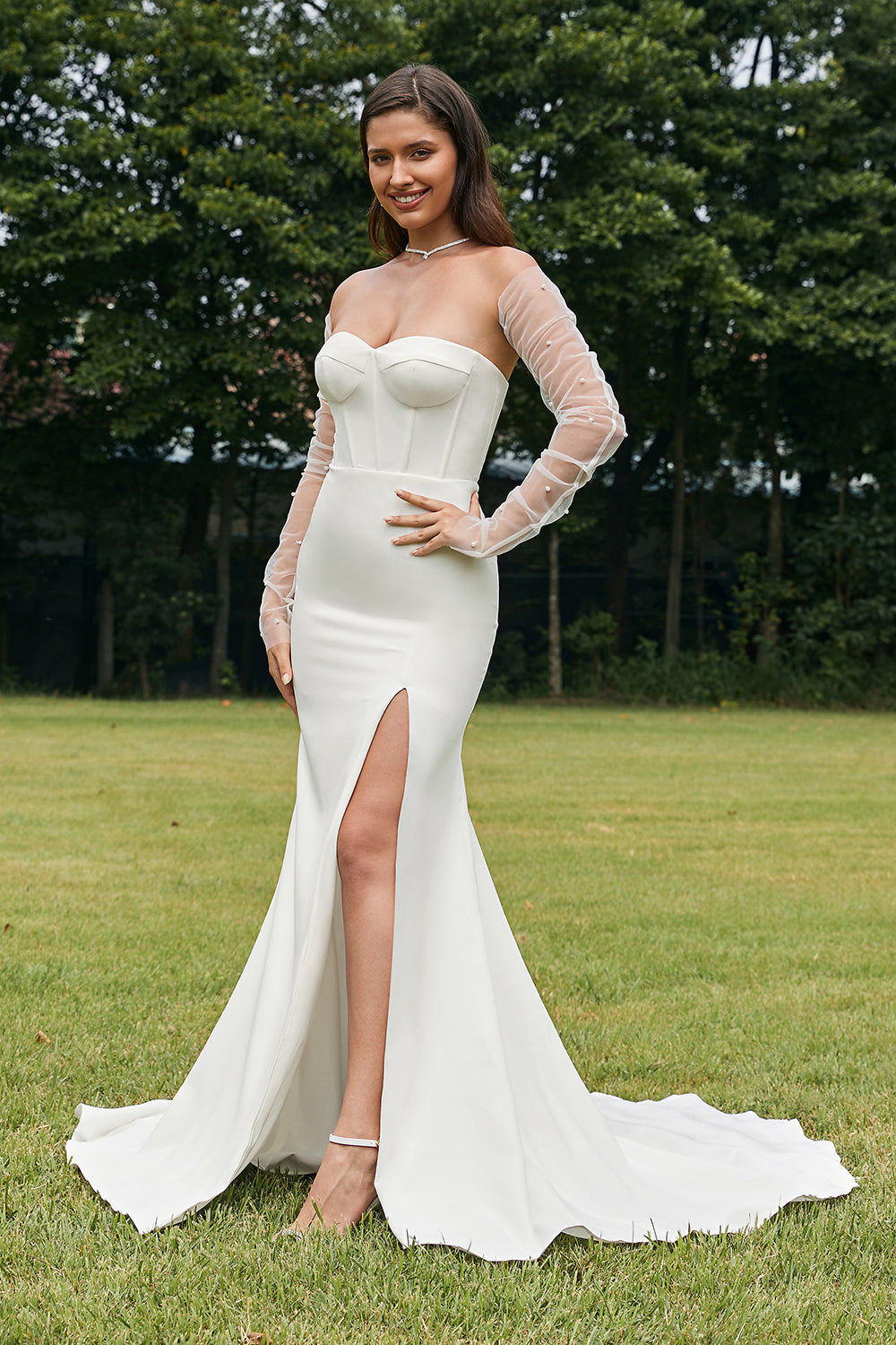 Ivory Mermaid Sweetheart Stretch Satin Long Wedding Dress With Slit