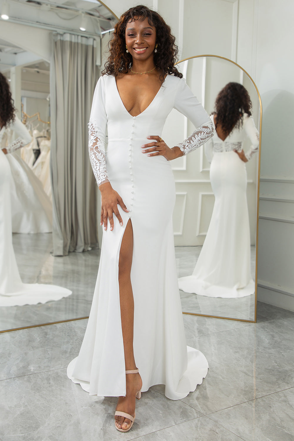 Ivory Mermaid Deep V-Neck Long Sleeves Crepe and Lace Bridal Dress