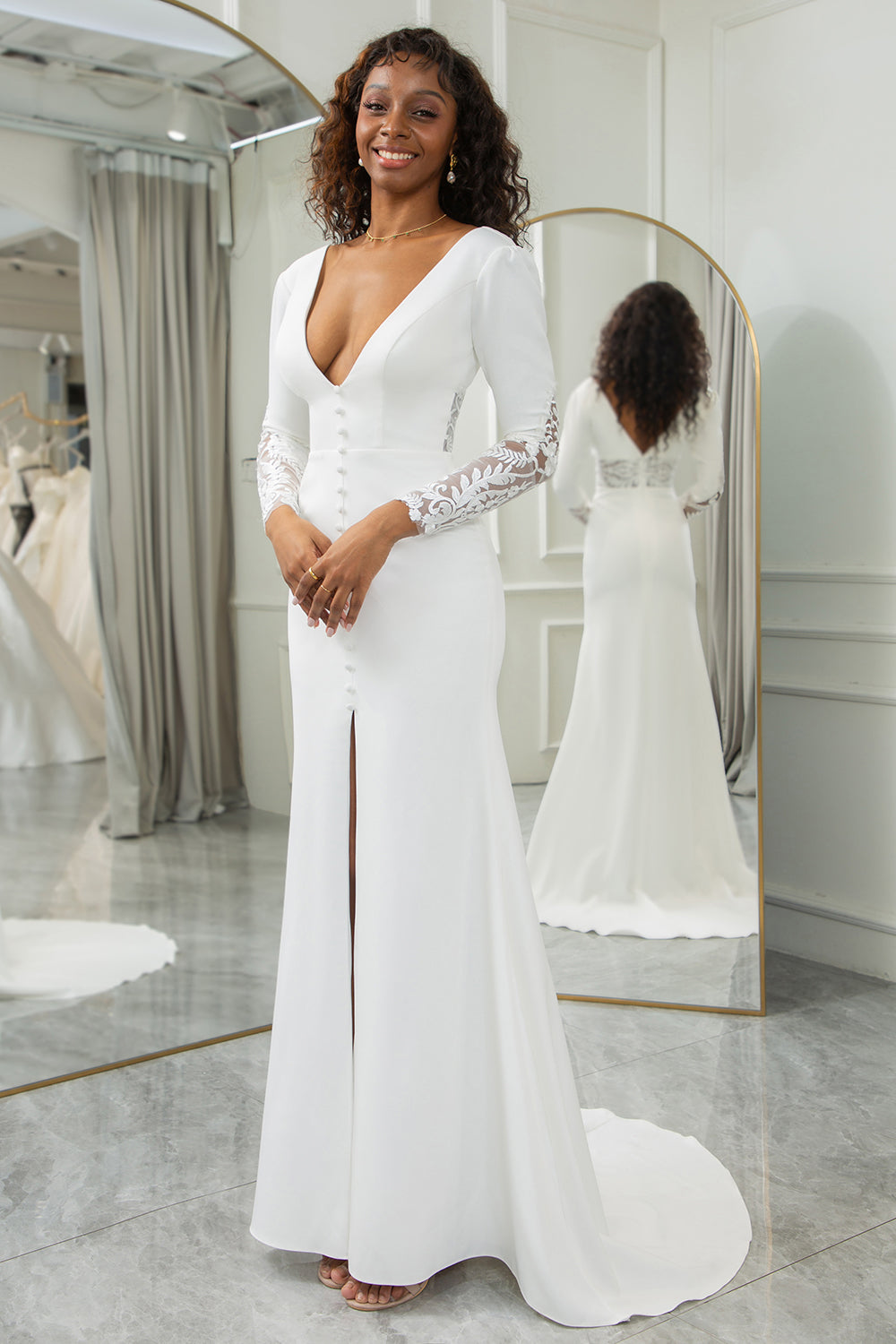 Ivory Mermaid Deep V-Neck Long Sleeves Crepe and Lace Bridal Dress