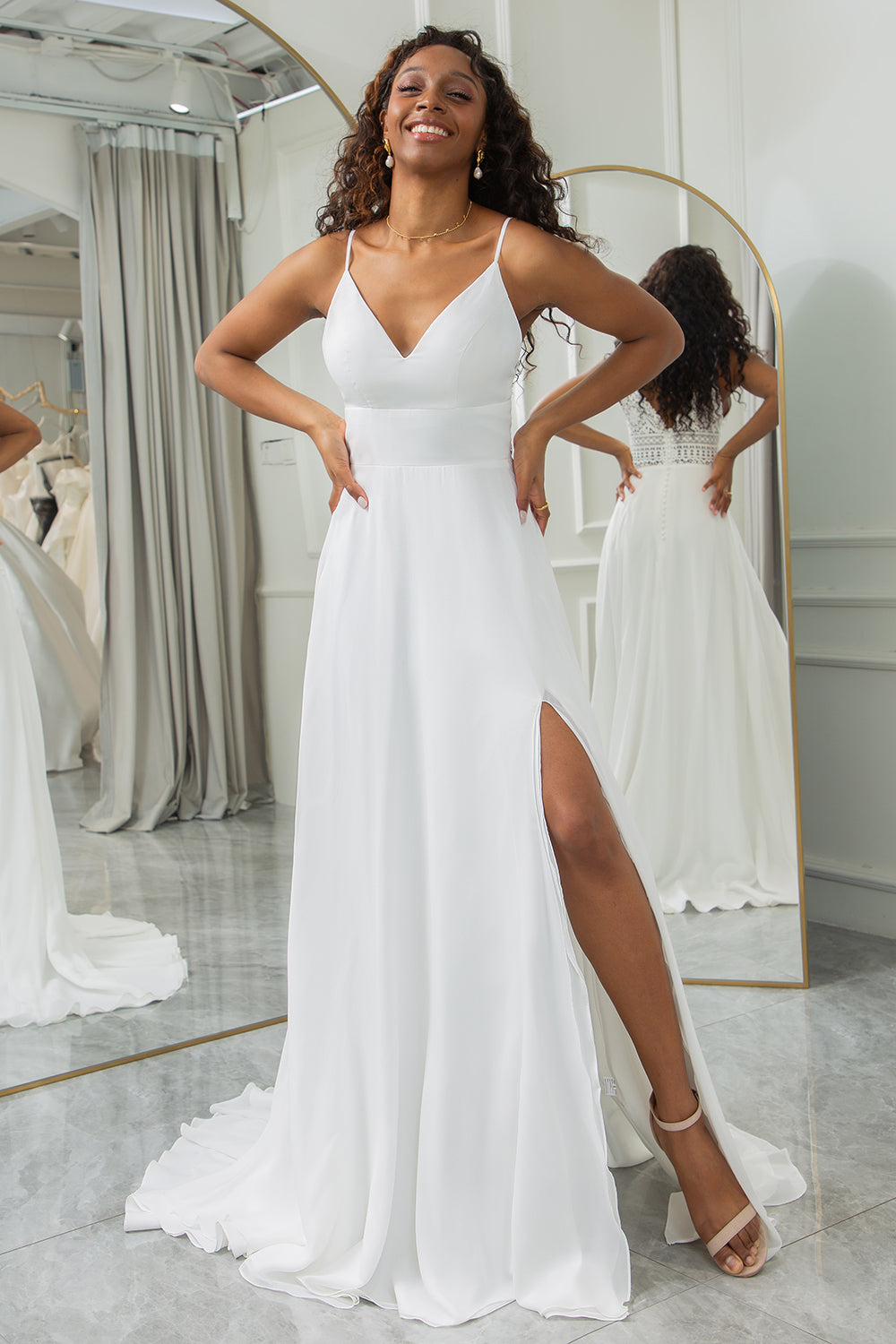 Ivory A Line Spaghetti Straps Chiffon Lace Long Wedding Dress With Slit