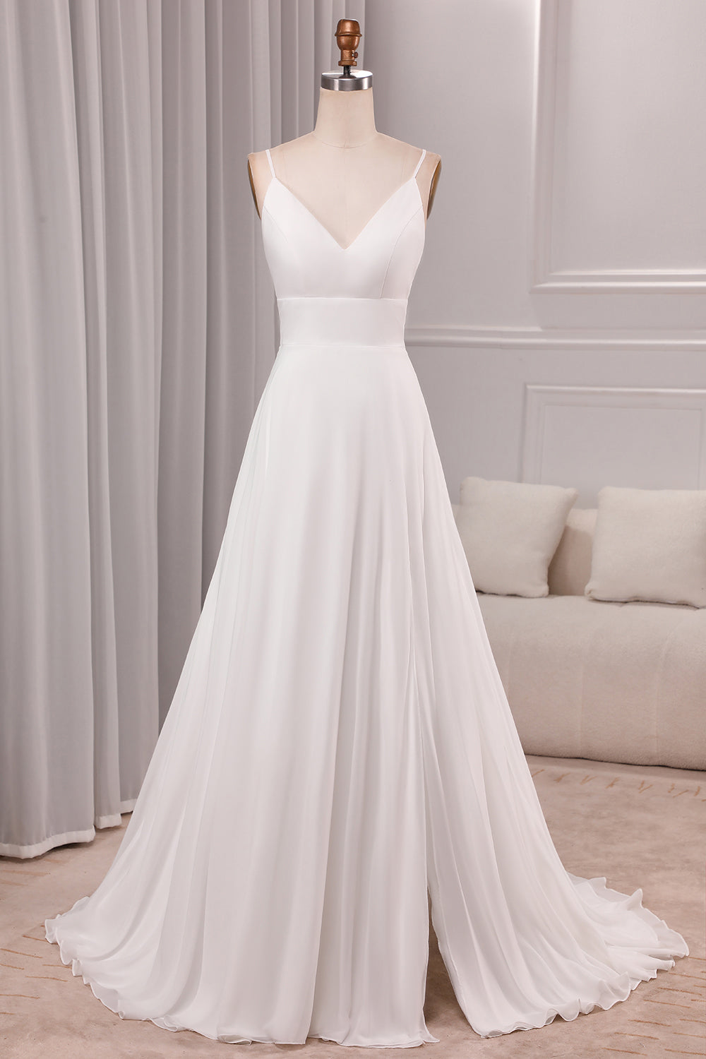 Ivory A Line Spaghetti Straps Sweep Train Bridal Dress With Slit