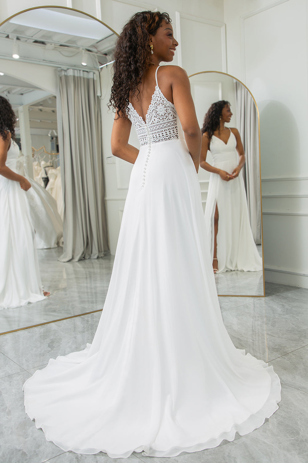 Ivory A Line Spaghetti Straps Chiffon Lace Long Wedding Dress With Slit