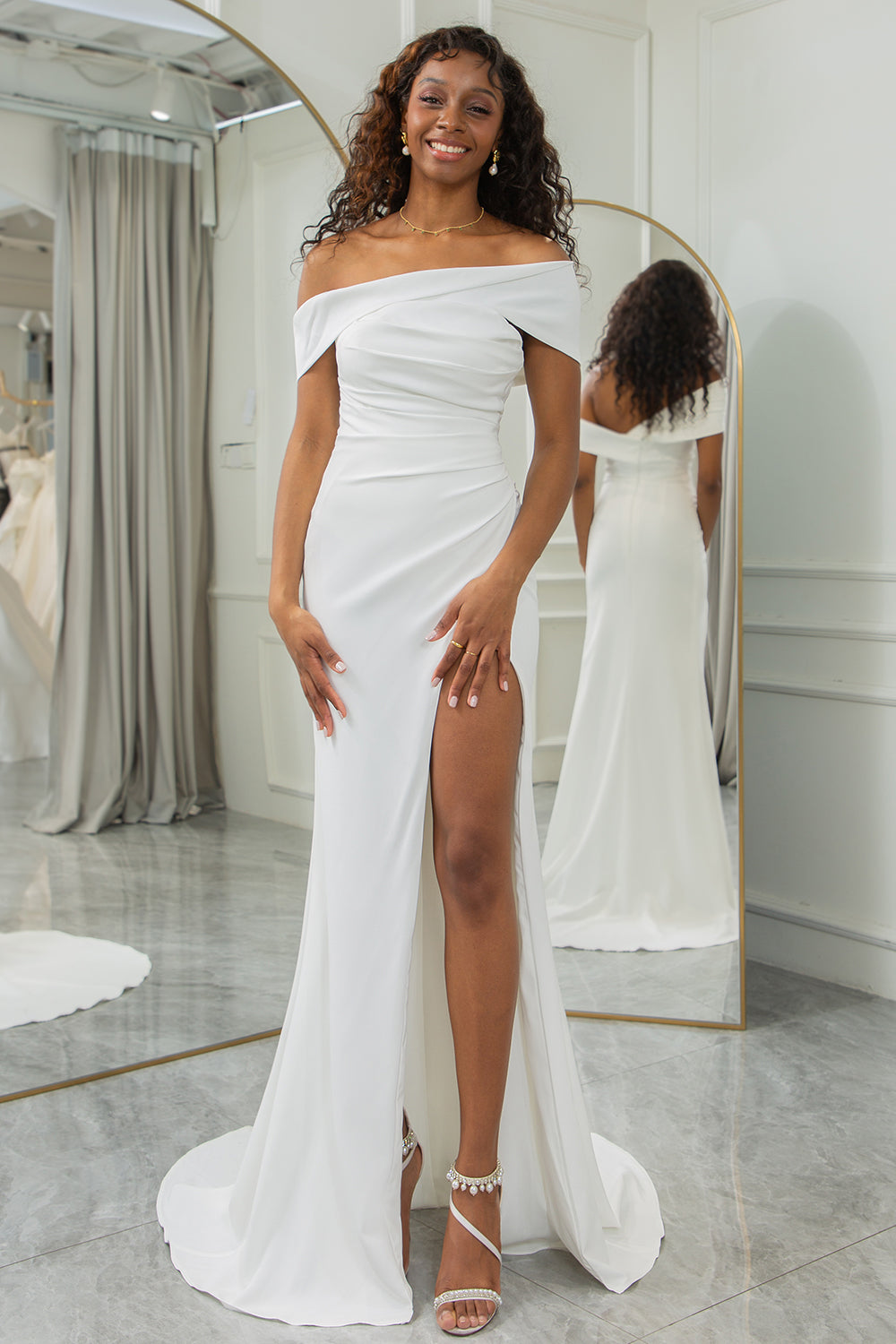 Ivory Mermaid Straight Neck Sweep Train Satin Wedding Dress with Slit