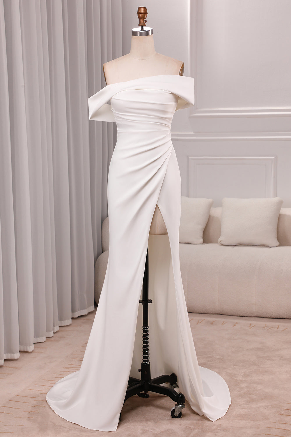 Ivory Mermaid Straight Neck Sweep Train Satin Bridal Dress with Slit