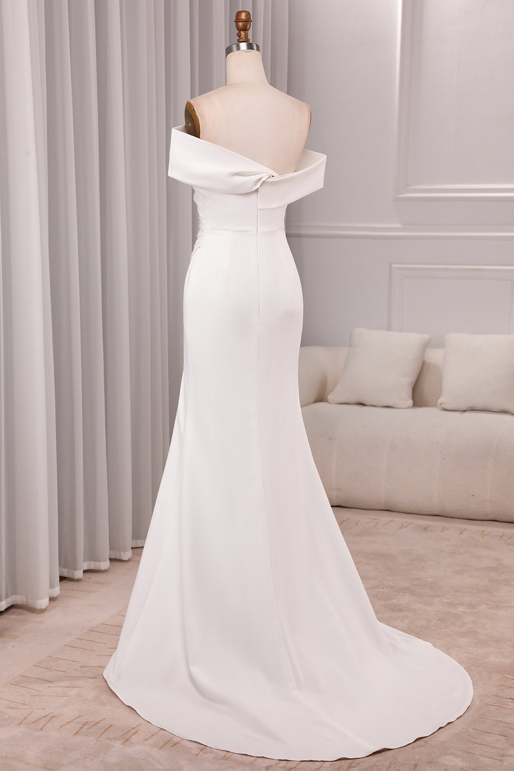 Ivory Mermaid Straight Neck Sweep Train Satin Bridal Dress with Slit