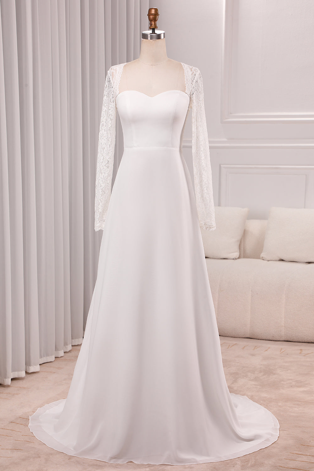 Ivory A-Line Square Neck Sweep Train Satin Bridal Dress with Long Sleeves