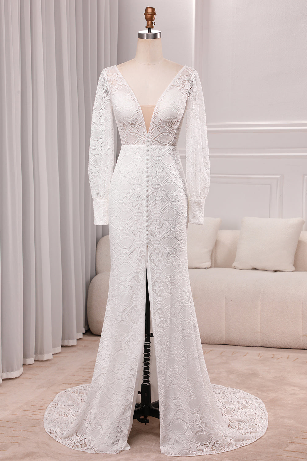 Ivory Sheath V-Neck Long Sleeves Backless Wedding Dress with Front Slit