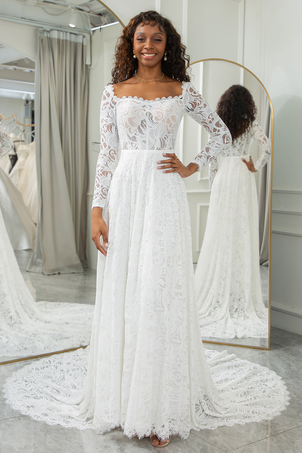 Ivory A Line Square Neck Corset Lace Chapel Train Wedding Dresses With Long Sleeves