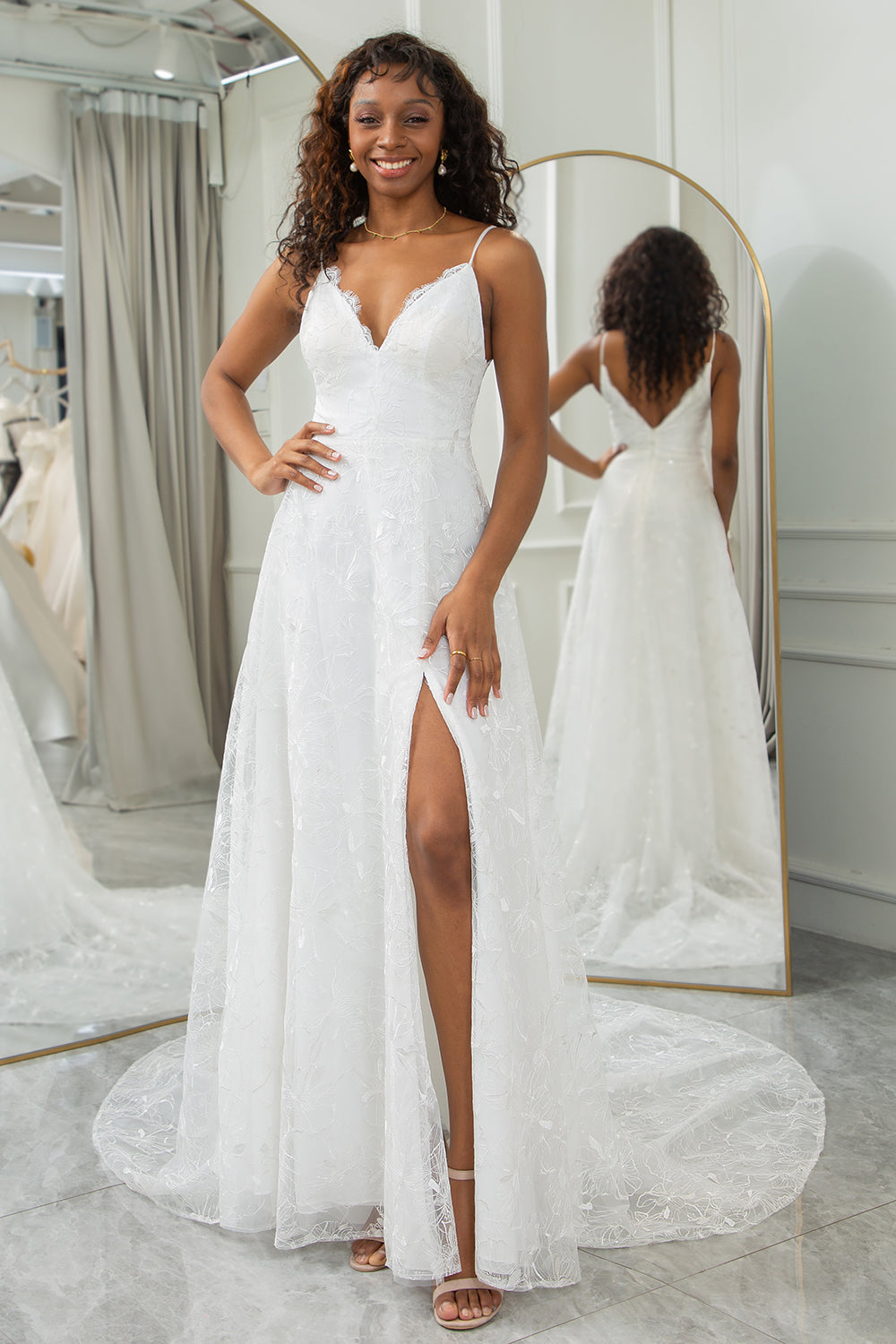 Ivory A Line Spaghetti Straps Lace Chapel Train Wedding Dresses With Slit