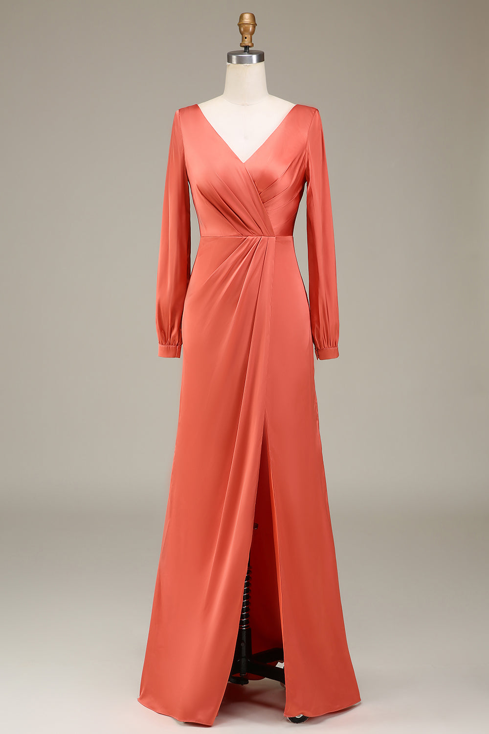 Terracotta A Line V-Neck Satin Bridesmaid Dress With Slit