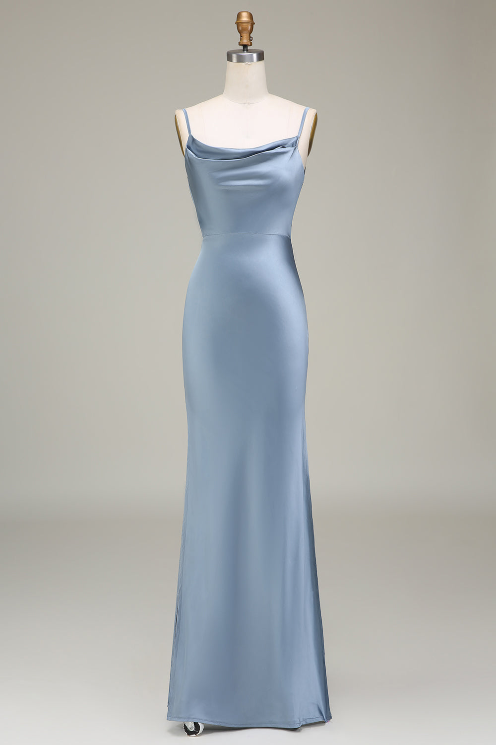 Dusty Blue Sheath Spaghetti Straps Long Satin Bridesmaid Dress