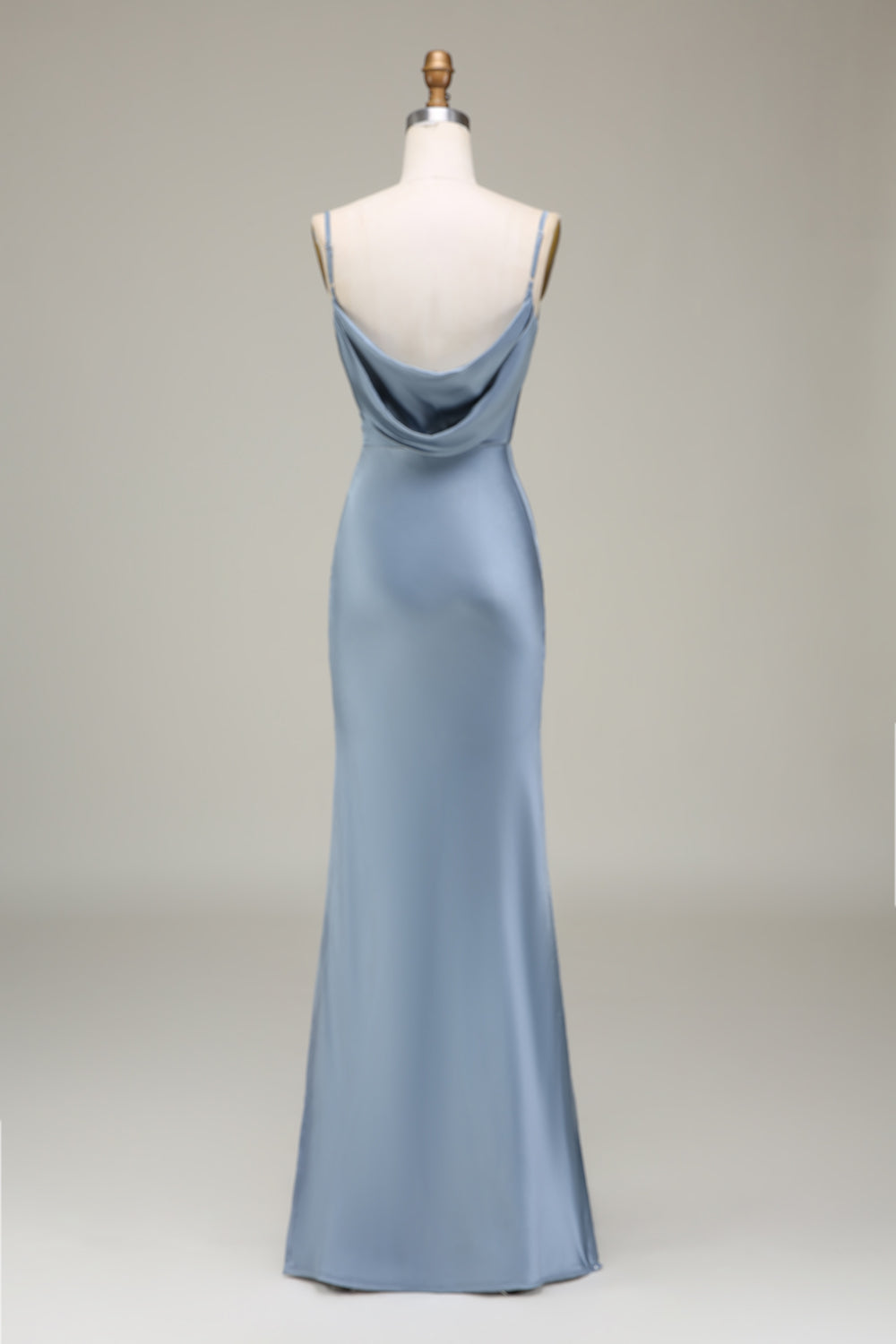 Dusty Blue Sheath Spaghetti Straps Long Satin Bridesmaid Dress