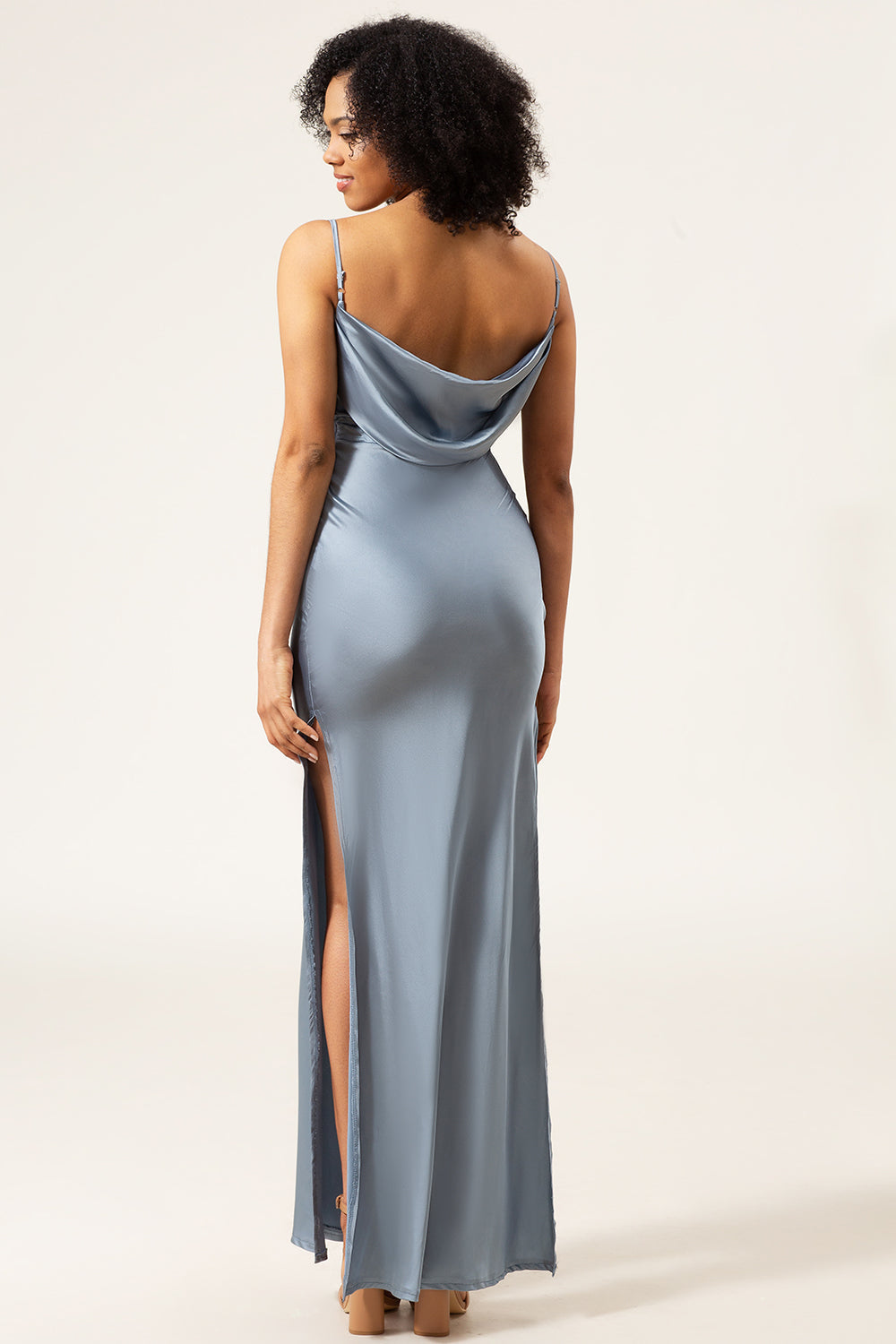 Dusty Blue Sheath Spaghetti Straps Cowl Neck Satin Long Bridesmaid Dress