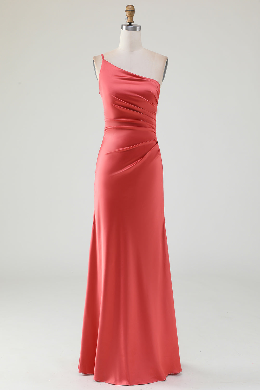 Terracotta Sheath One Shoulder Pleated Long Satin Bridesmaid Dress