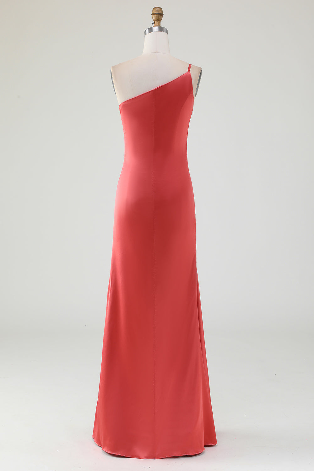 Terracotta Sheath One Shoulder Pleated Long Satin Bridesmaid Dress