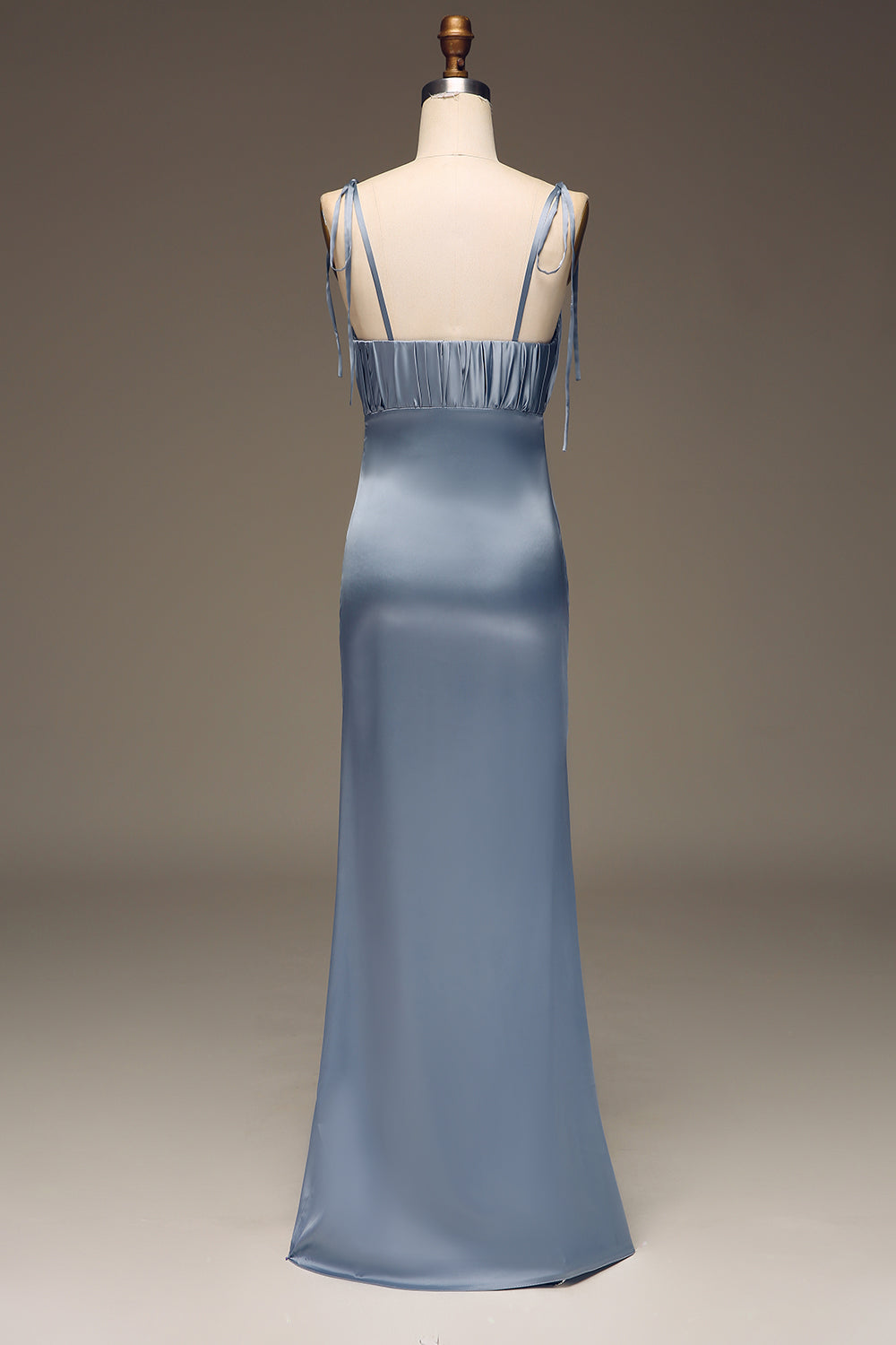 Dusty Blue Sheath Spaghetti Straps Satin Pleated Bridesmaid Dress