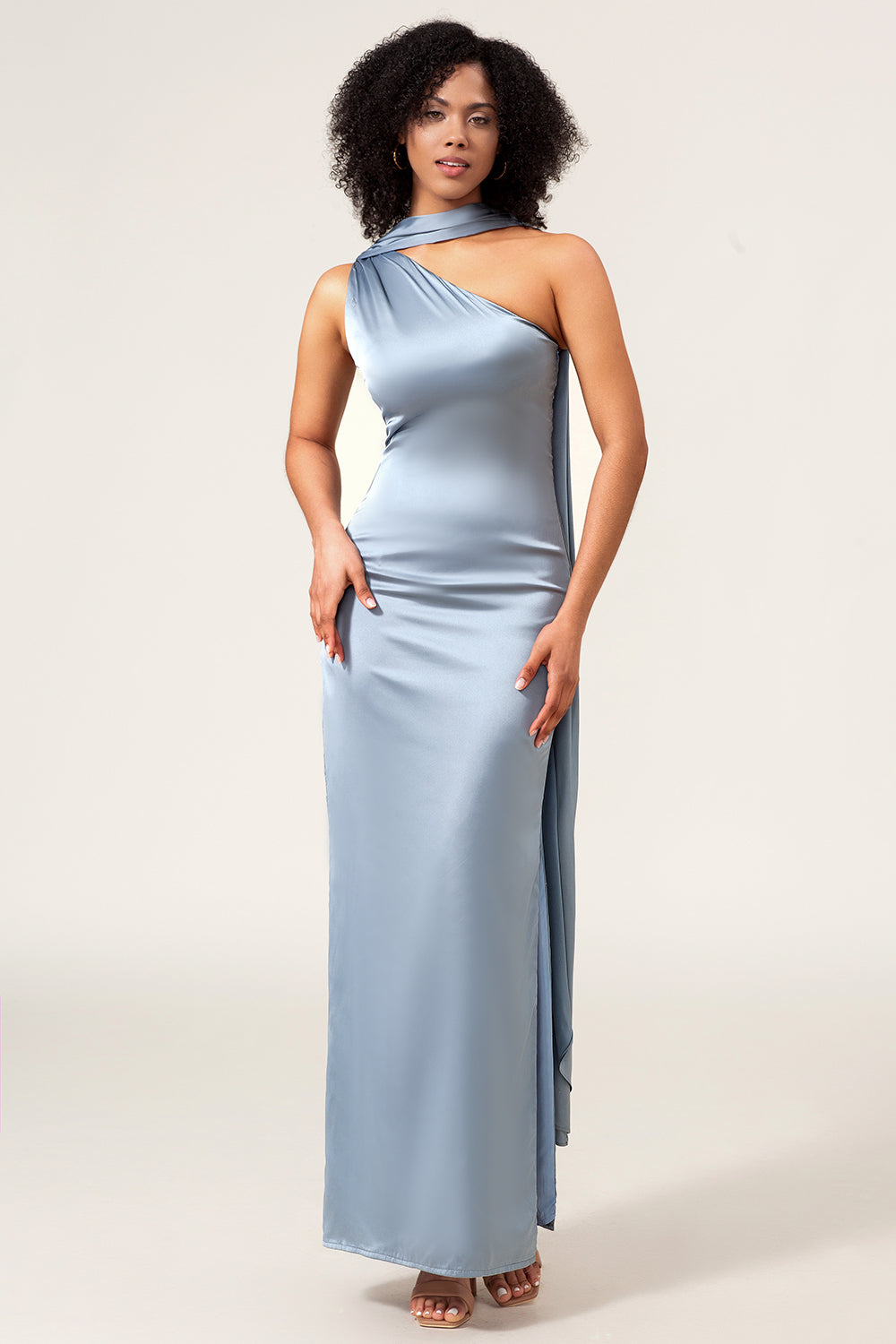 Dusty Blue Sheath One-Shoulder Long Satin Bridesmaid Dress