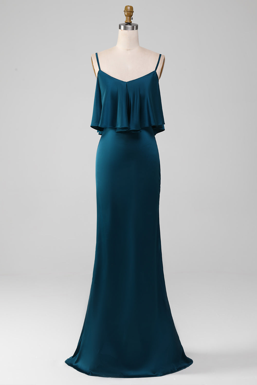 Peacock Sheath Spaghetti Straps Long Satin Bridesmaid Dress With Ruffles