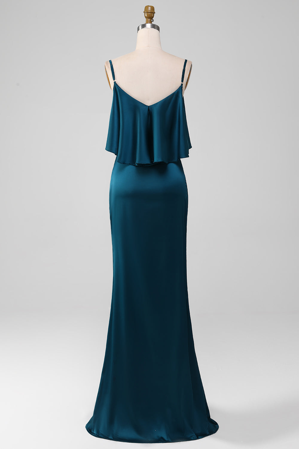 Peacock Sheath Spaghetti Straps Long Satin Bridesmaid Dress With Ruffles