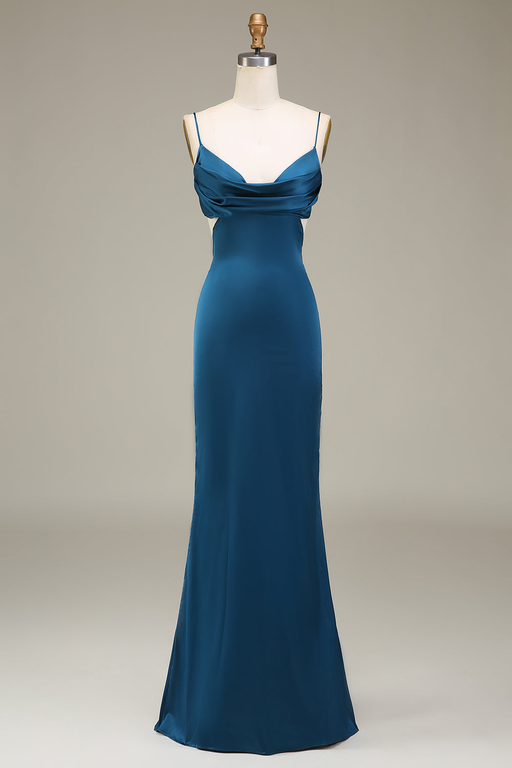 Sheath Peacock Spaghetti Straps Long Satin Bridesmaid Dress