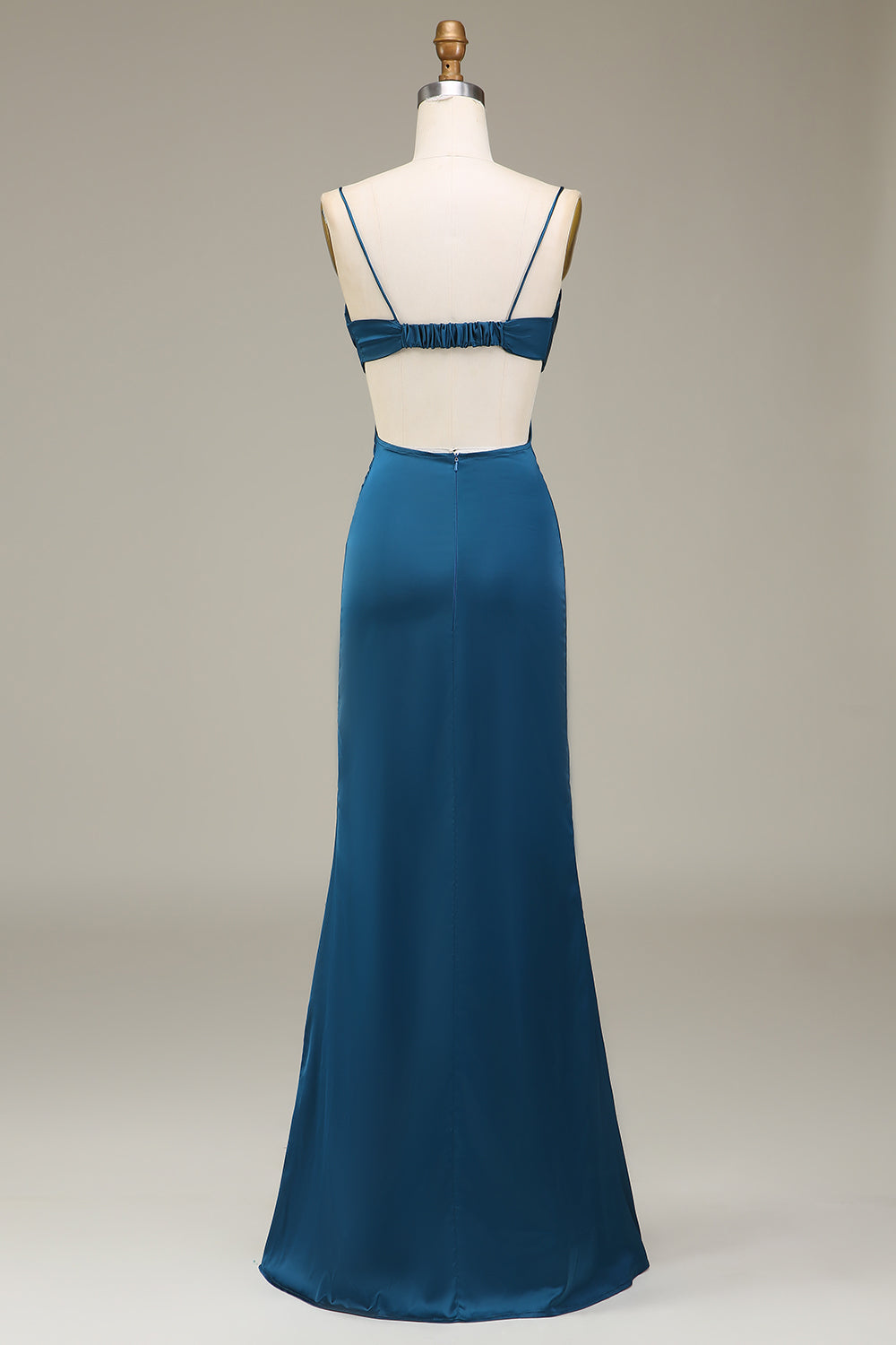 Sheath Peacock Spaghetti Straps Long Satin Bridesmaid Dress