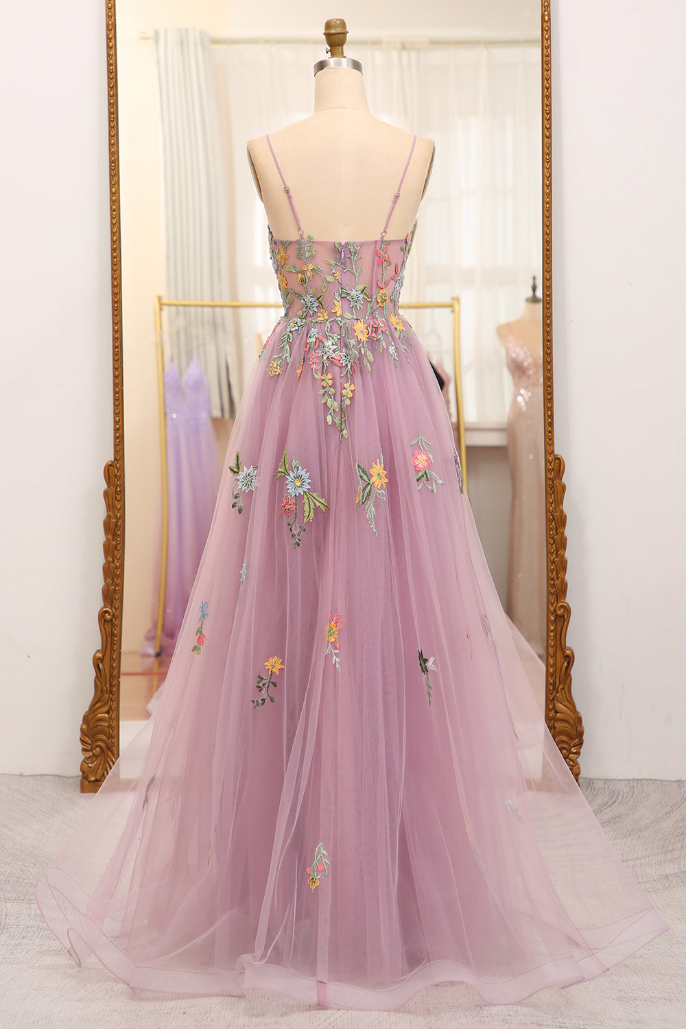 Mauve A Line Spaghetti Straps Tulle Long Prom Dress With Embroidery