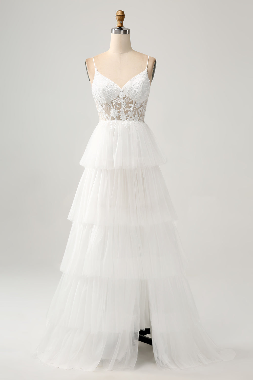 Ivory A-Line Spaghetti Straps Tulle Corset Tiered Wedding Dress With Appliques