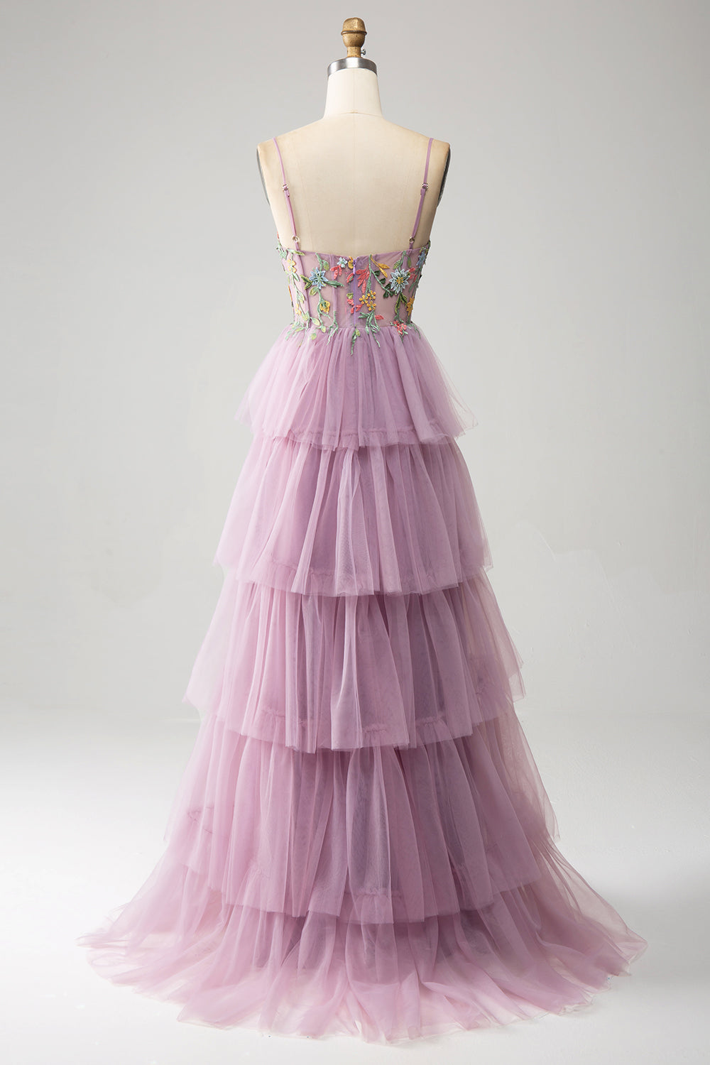 Mauve A-Line Spaghetti Straps Tulle Corset Tiered Prom Dress With Appliques