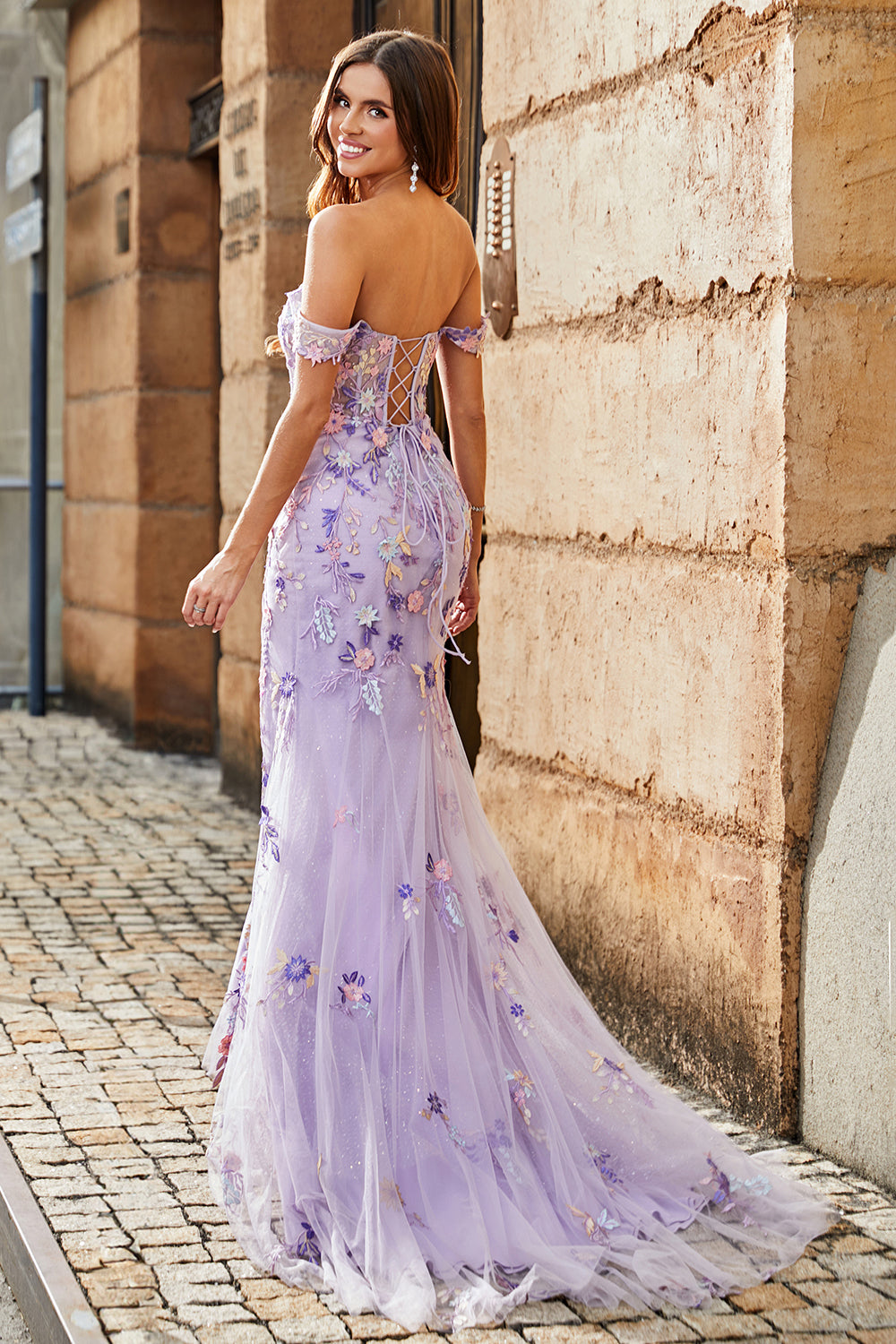 Mauve Mermaid Square Neck Split Front Long Prom Dress With Appliques