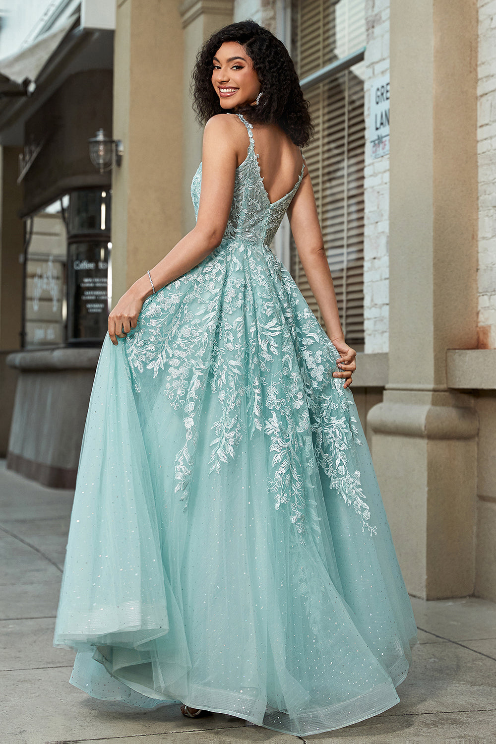 Mint A-Line Glitter Front Slit Tulle Lace Prom Dress With Appliques