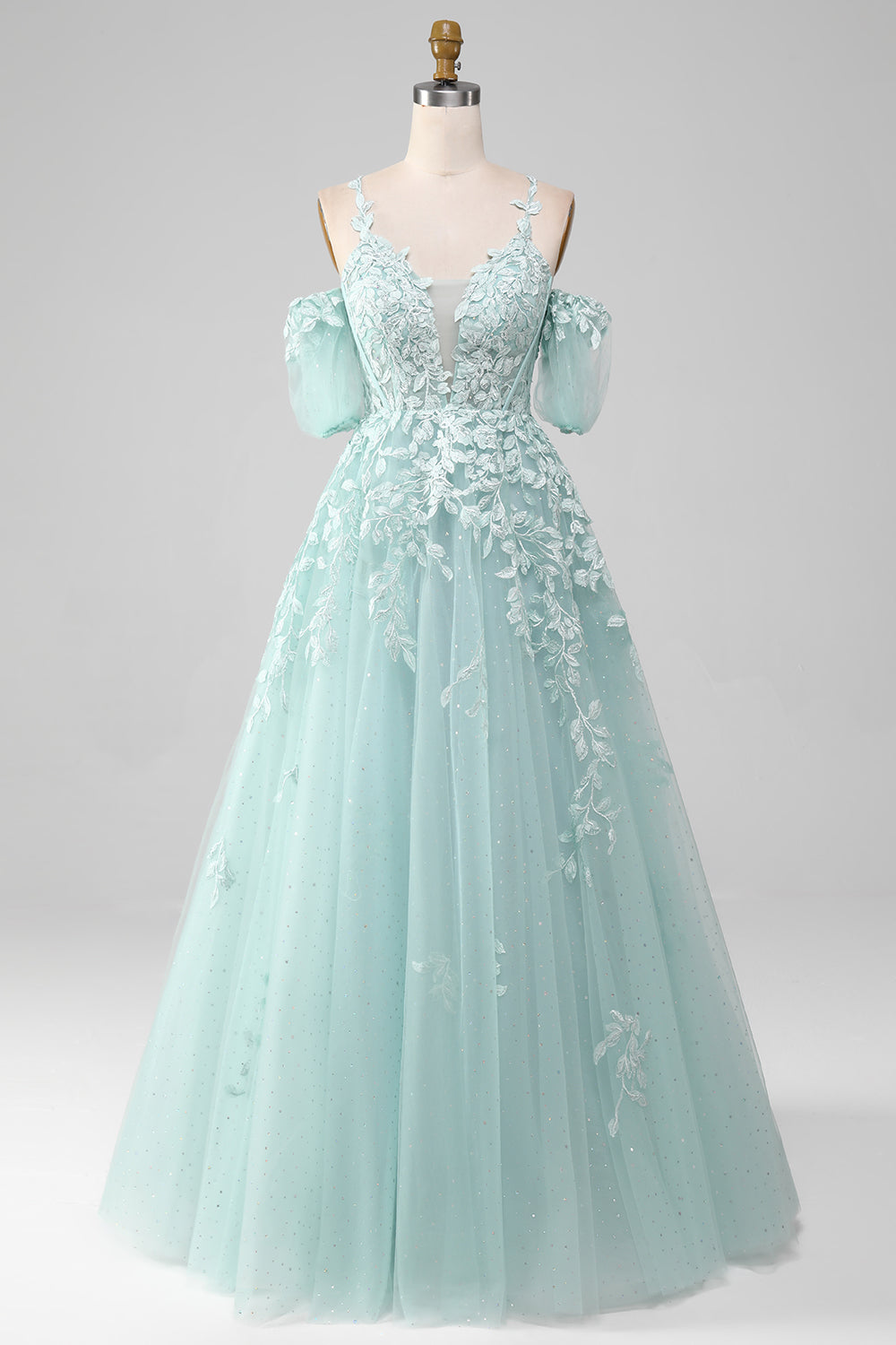 Ball-Gown Off The Shoulder Beaded Mint Prom Dress With Appliques