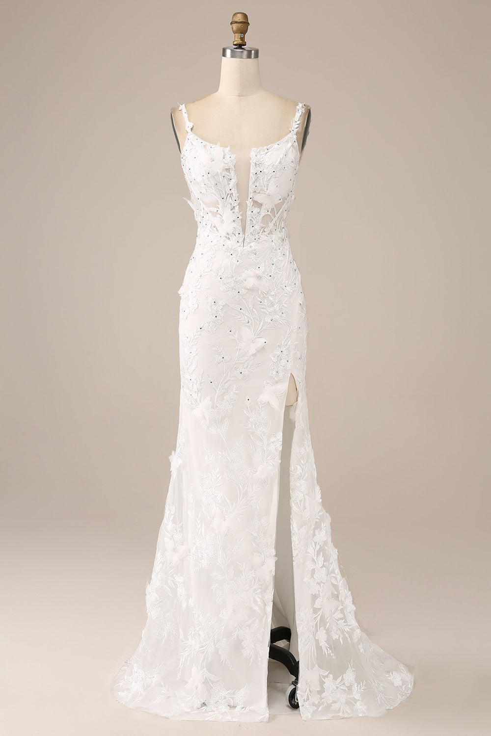Ivory Mermaid Spaghetti Straps Long Corset Wedding Dress with Appliques