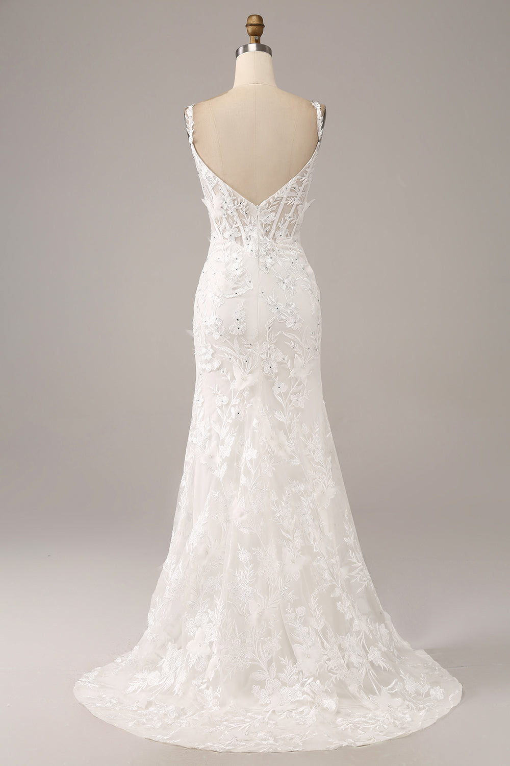 Ivory Mermaid Spaghetti Straps Long Corset Wedding Dress with Appliques