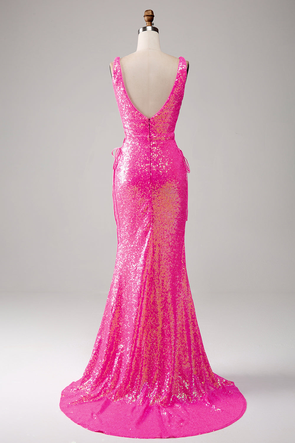 Sparkly Hot Pink Mermaid V-Neck Long Prom Dress with Front Slit