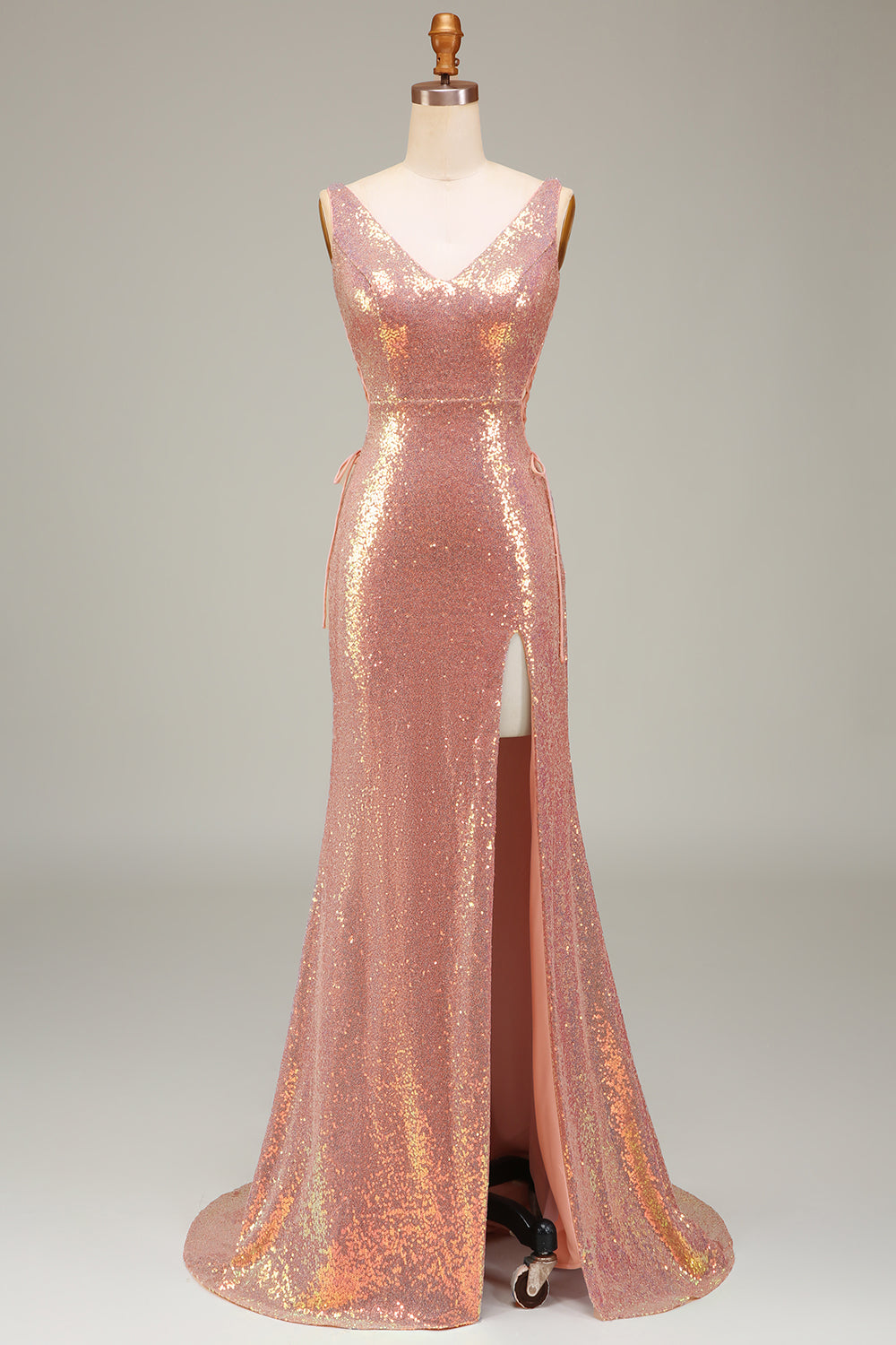 Sparkly Blush Mermaid V-Neck Long Prom Dress with Front Slit