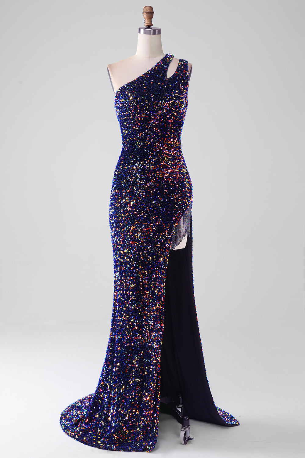 Black Mermaid One Shoulder Sequins Long Prom Dress with High Slit