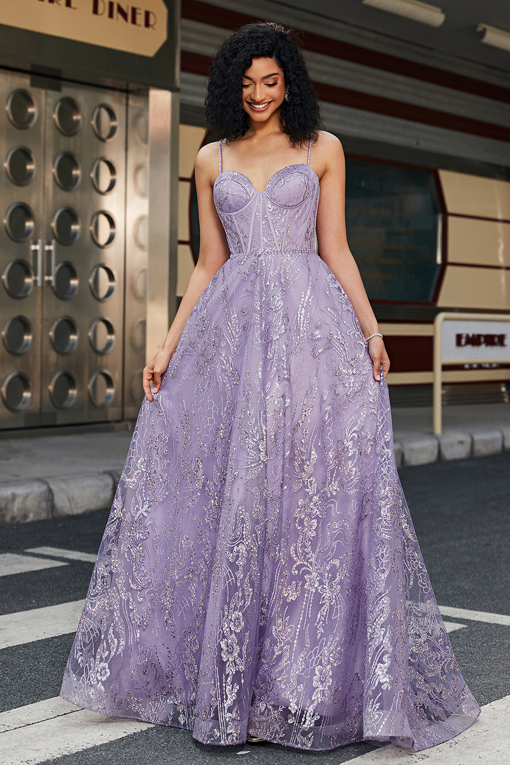 Sparkly Lilac A-Line Spaghetti Straps Long Corset Prom Dress with Sequins