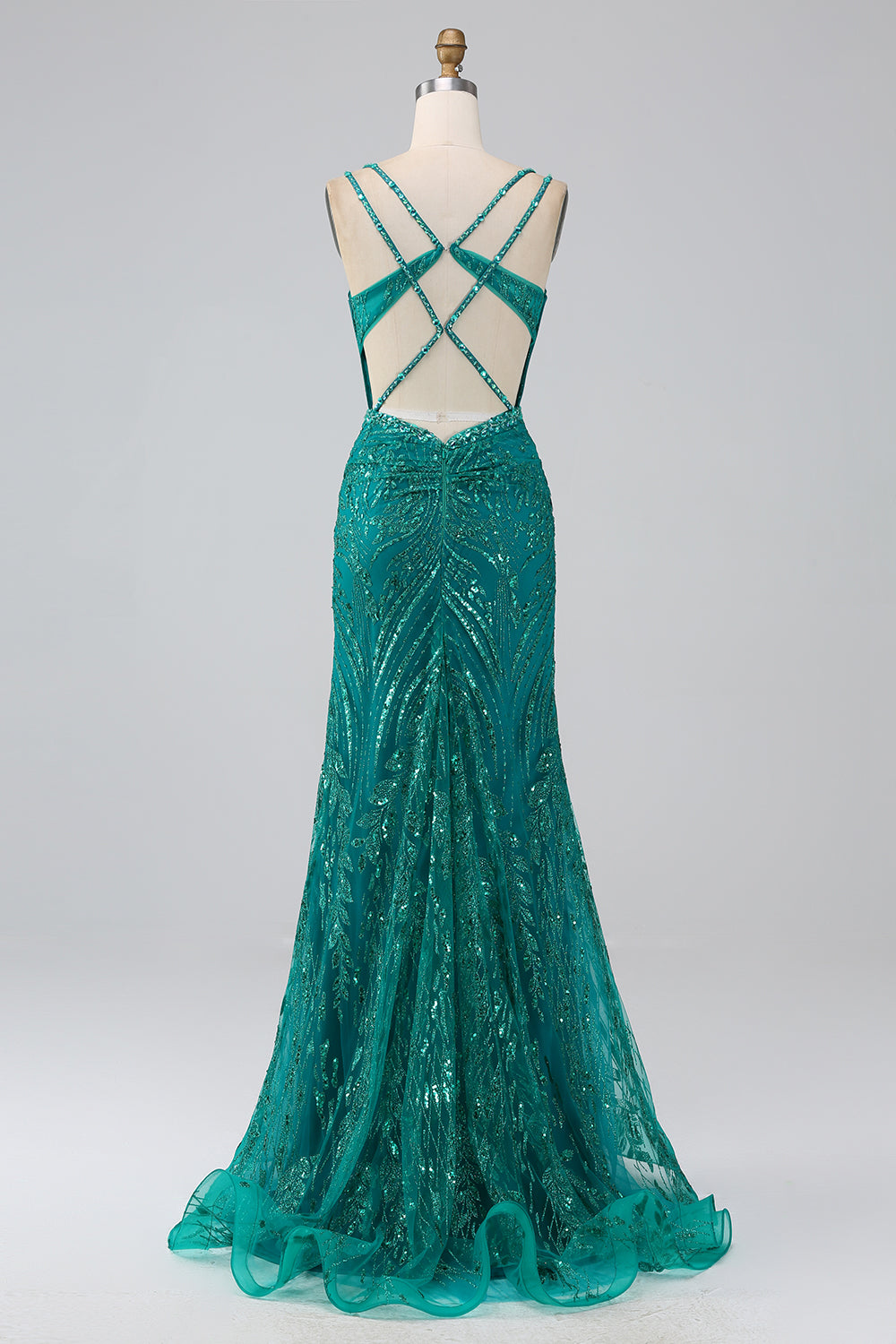 Sparkly Dark Green Mermaid Spaghetti Straps Sequin Corset Long Prom Dress With Slit