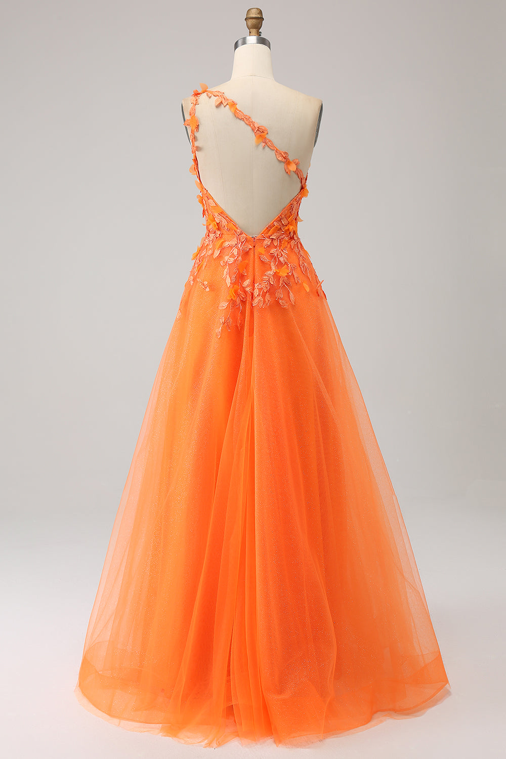 Orange A-Line One Shoulder Long Tulle Applique Prom Dress With Slit