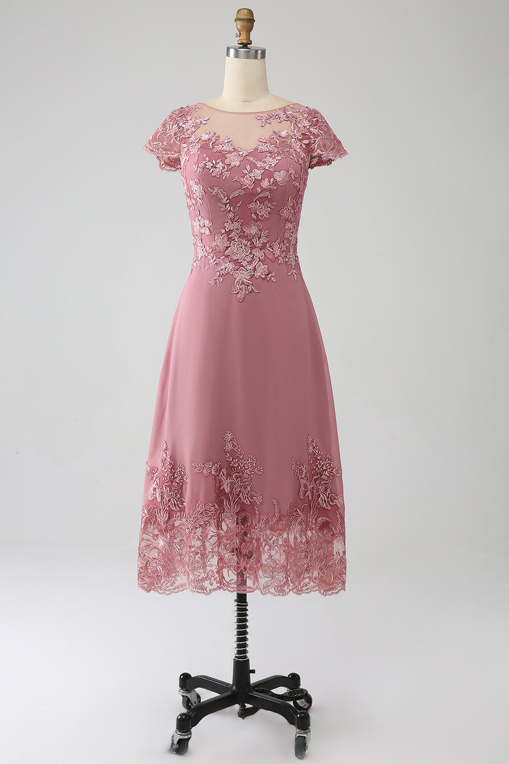 Dusty Rose A-Line Tea-Length Mother of the Bride Dress With Appliques