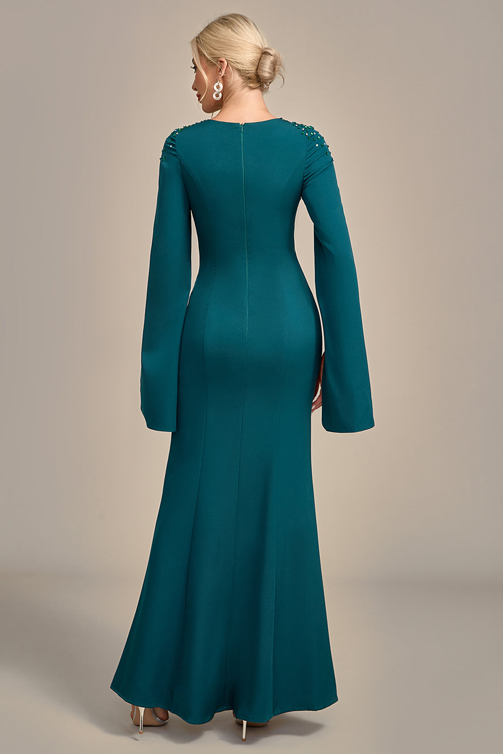 Glitter Dark Green Mermaid Round Neck Mother of the Bride Dress With Long Sleeves