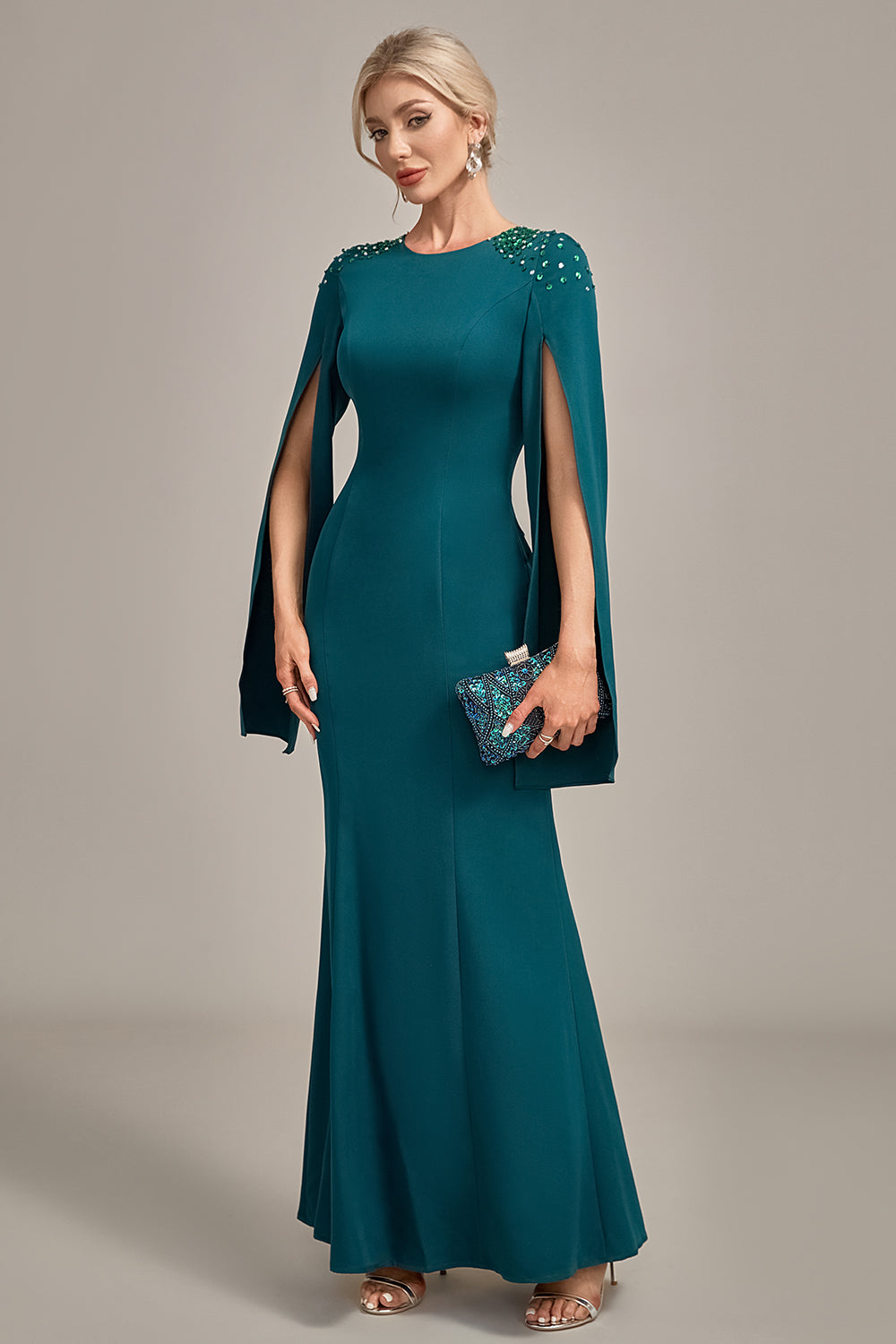 Glitter Dark Green Mermaid Round Neck Mother of the Bride Dress With Long Sleeves