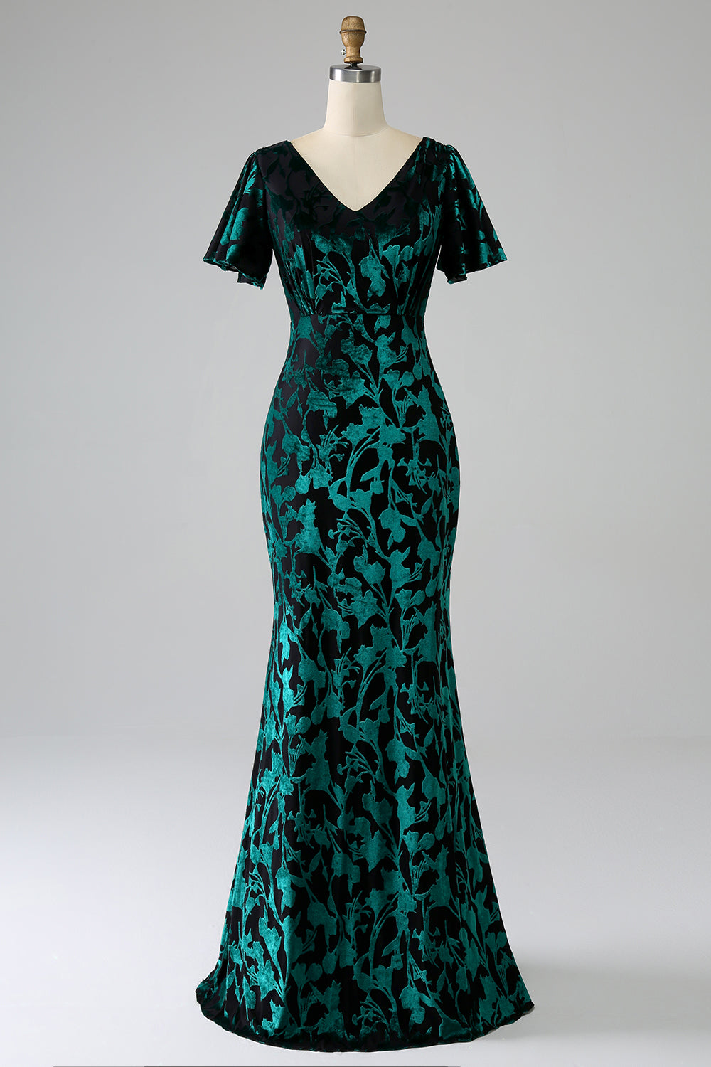 Peacock Green Mermaid V Neck Burnout Velvet Floor Length Dress With Short Sleeves