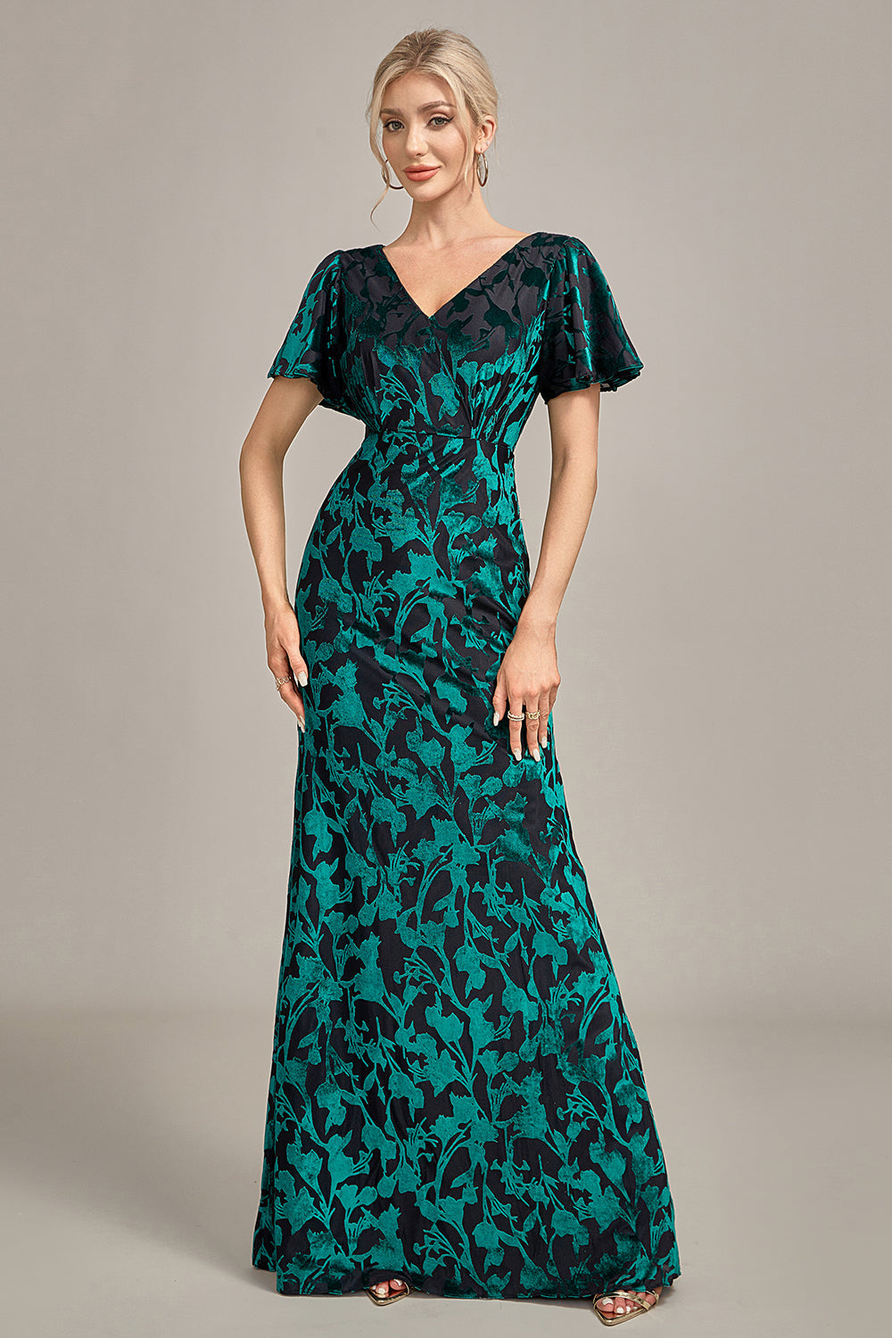 Peacock Green A-Line V Neck Burnout Velvet Floor Length Dress With Short Sleeves