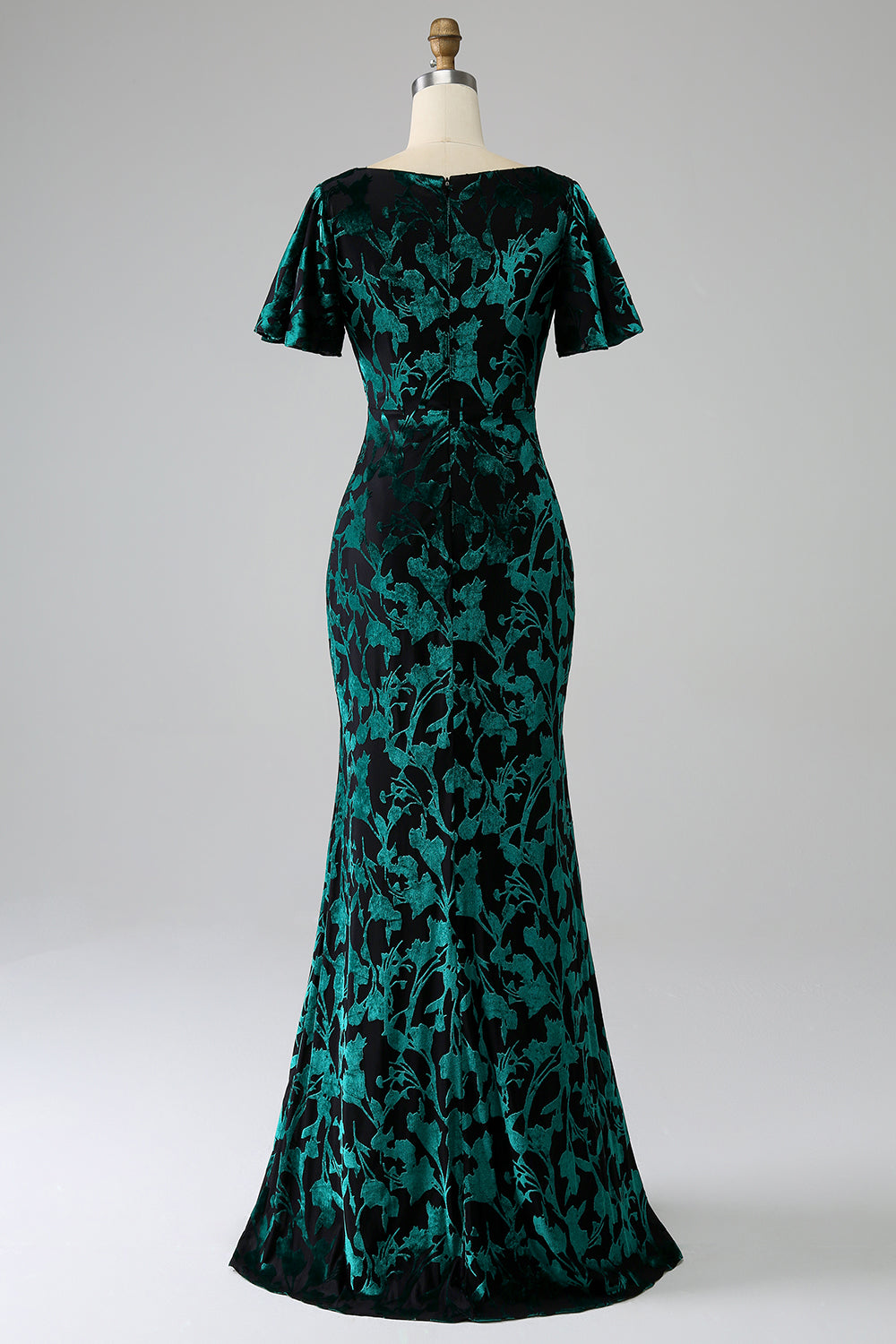 Peacock Green Mermaid V Neck Burnout Velvet Floor Length Dress With Short Sleeves